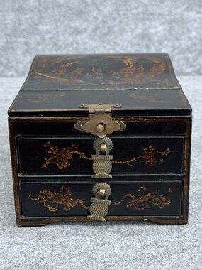 Antique Vintage Chinese Black Lacquer Jewelry Box, Hand-Painted Gold Gilt Brass
